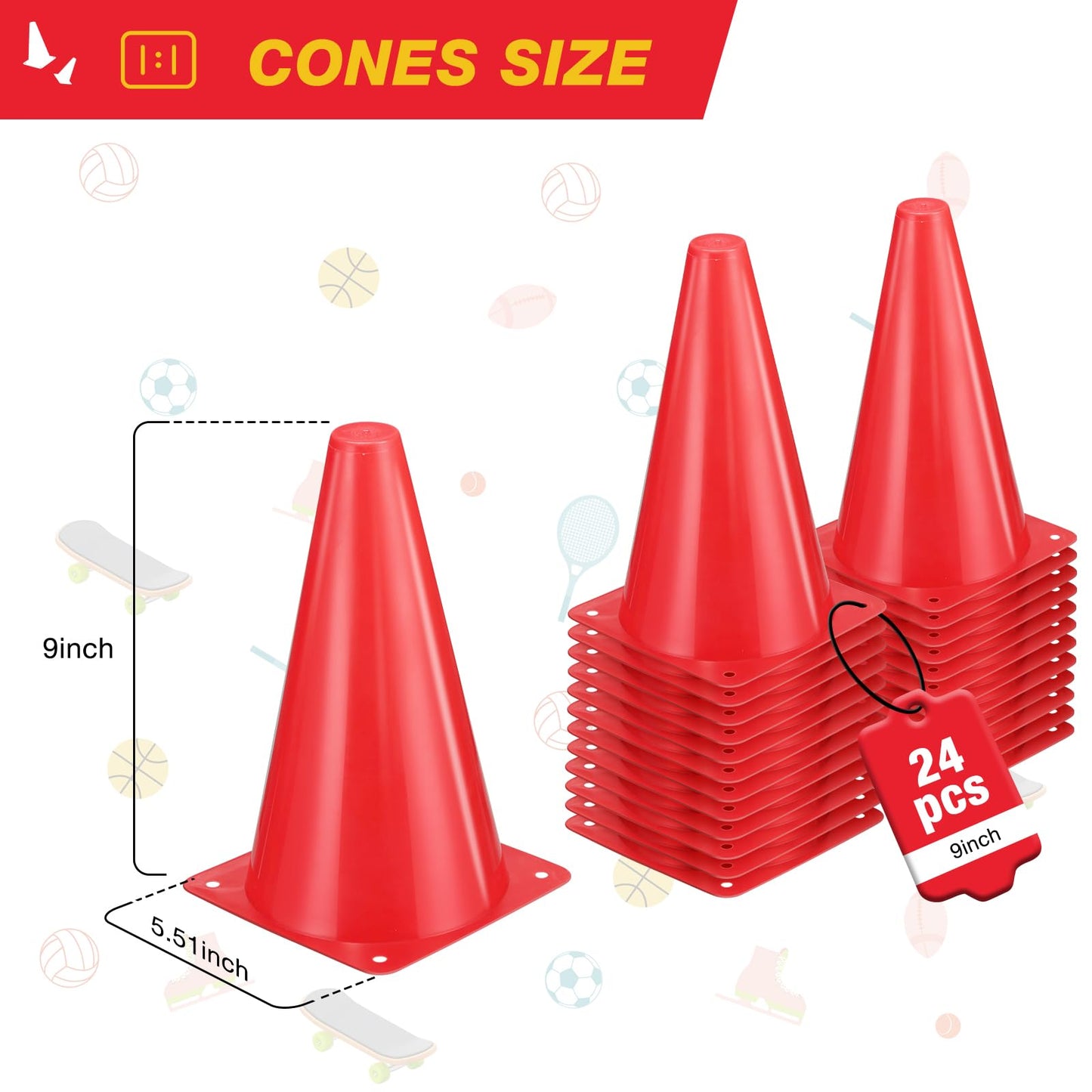 ZKNDRHJO 24pcs Cones 9 Inch Soccer Cones and Plastic Traffic Cones, Durable Cones for Sports Training, Ideal for Soccer, Basketball, Football, Skating, and Agility Drills Practice (24, red)