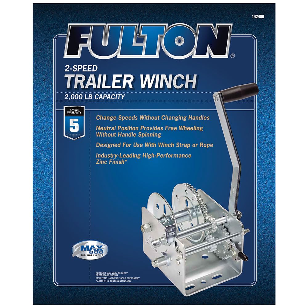 Fulton 142400 Boat Trailer Winch, 2,000 lbs. Capacity, No Strap, 10 Inch Handle, Two-Speed Hand Crank Winch, Solid Drum Gear System