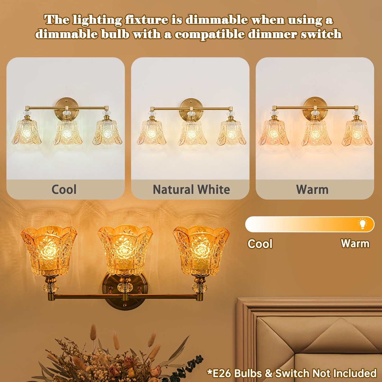 sunkryster Gold Vintage Bathroom Vanity Light Fixture, 3-Light Bathroom Lighting Gold Finish with Amber Glass Shade, Retro ‎Brushed Gold Vanity Light for Bathroom