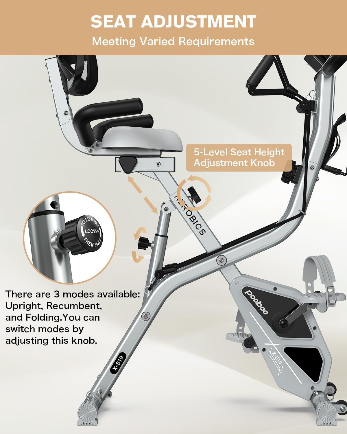 Pooboo Folding Exercise Bike - Foldable Upright Stationary Bike with 8-Level Resistance | 300LB Capacity, Back Support Cushion