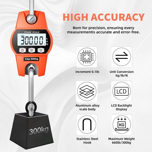 High-Accuracy Hanging Scale 660lb/300kg - Aluminum Frame with LCD Display | Versatile Fishing & Luggage Scale