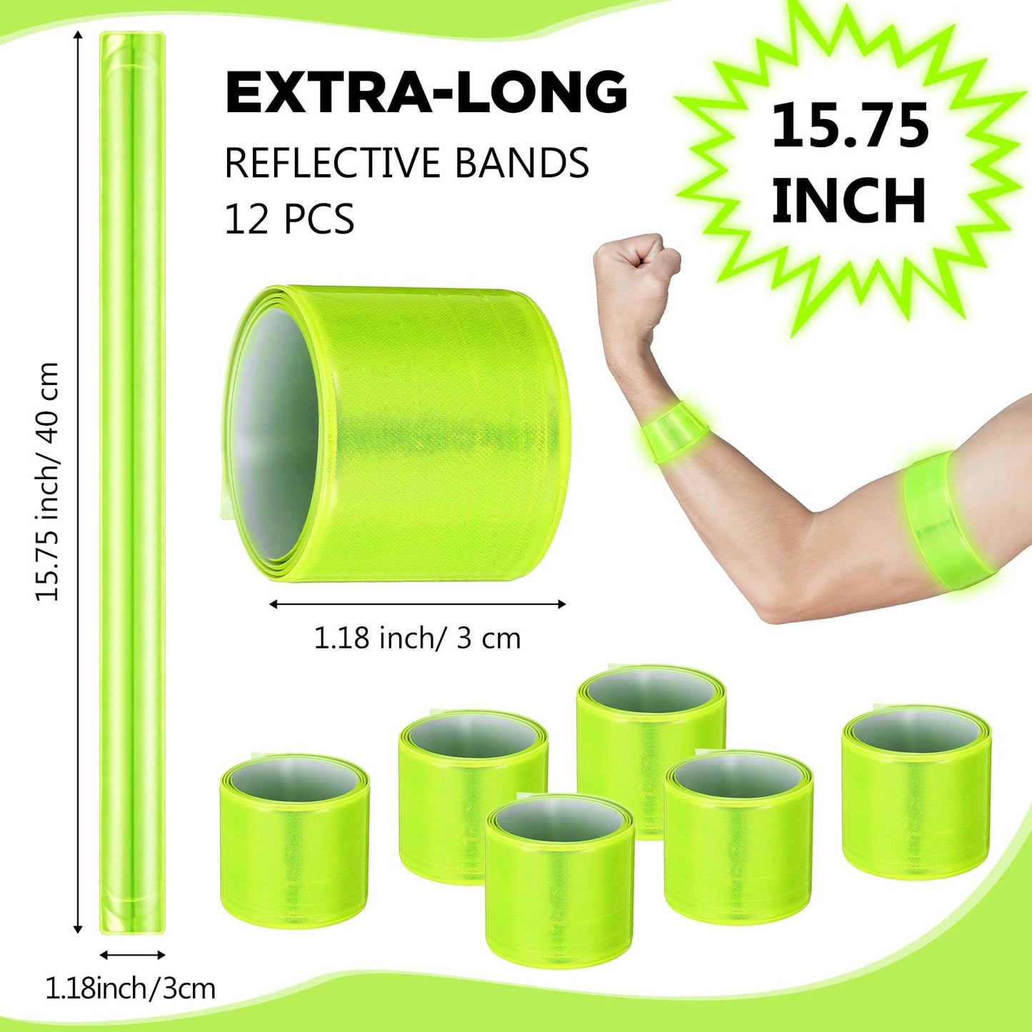 Halloscume 12 Pcs Reflective Arm Bands 15.75 in Reflective Snap Bands Slap Bracelets High Visibility Safety Ankle Strips Gift for Night Walking Cycling Running Jogging Hiking (Green)