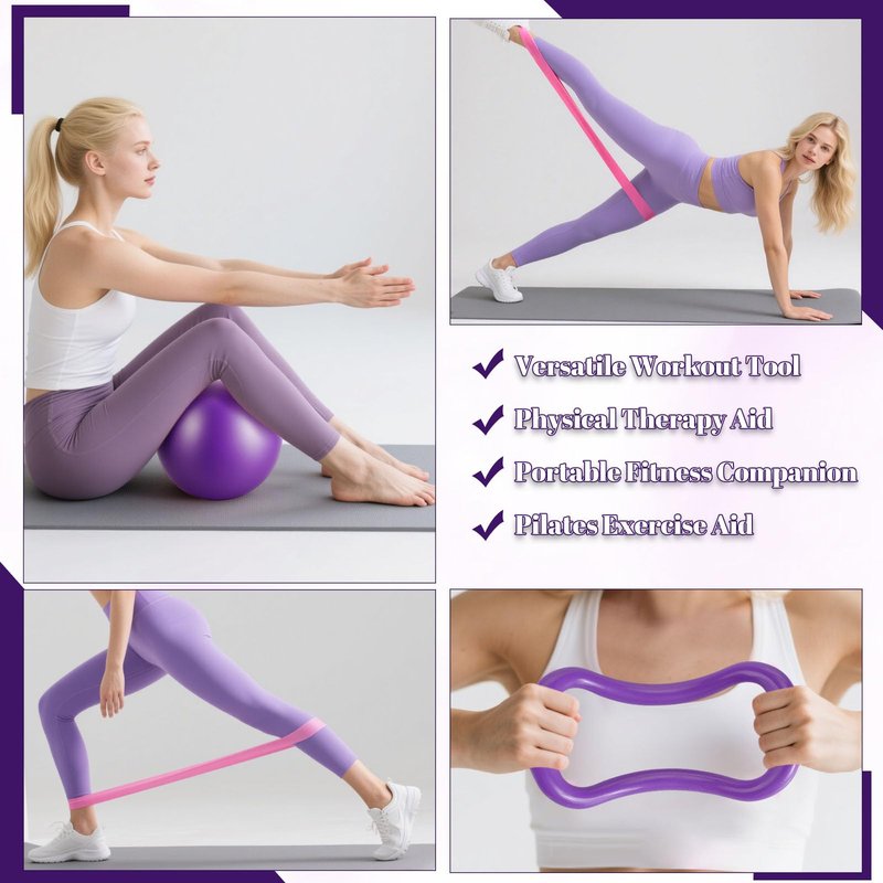 14 Pcs Pilates Kit Home Workout Kit for Women, Pilates Equipment with 14.9" Pilates Ring and Ball, Resistance Bands, Sliders & Grip Socks Starter Pilates Essentials Kit for Gym Studio Travel（Purple）