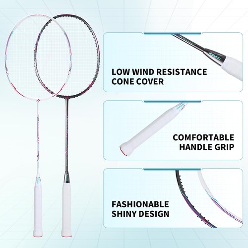 KUMPOO Badminton Racket Professional, Badminton Carbon Fiber Racket Set with Cover and Replacement Grip, 4U Pro Racquet Lightweight for Bgeinners Outdoor Games, Trainning, Exercise, White