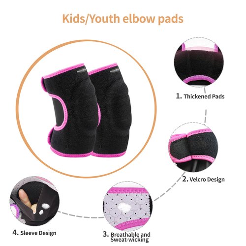 YEEKORO Kids Youth Adjustable Knee Elbow Pads Set with Thickened SBR Pads for Riding Rollerblading Skating Skateboarding Snowboarding Volleyball (Black-Pink)
