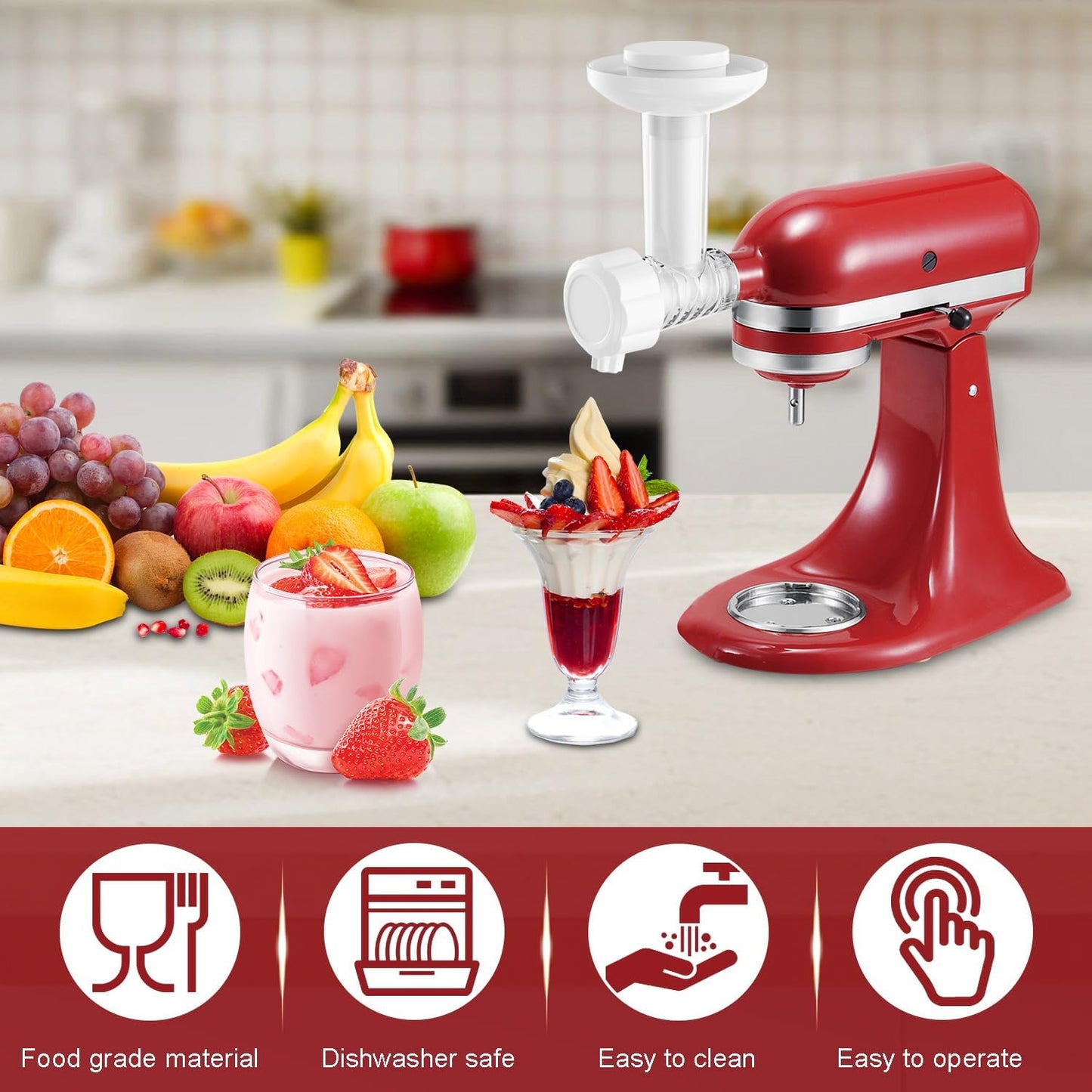 Ice Cream Maker Attachment for KitchenAid Mixer - 2 Quart Bowl for Yogurt, Sorbet & Gelato