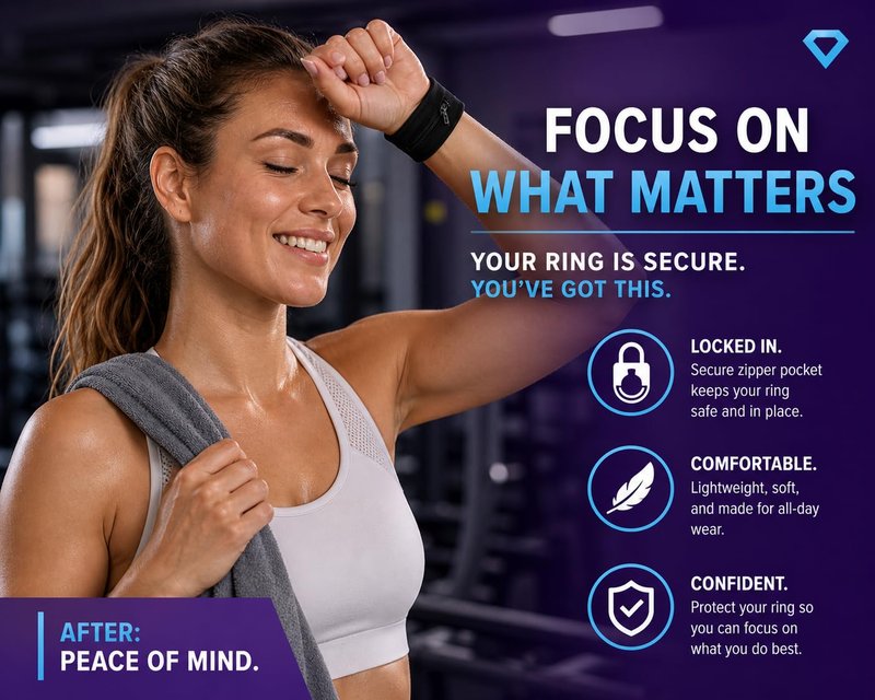 RingHero Wristband Ring Holder: Secure Wedding & Engagement Ring Pouch for Gym, Travel & Work | Prevent Loss & Damage | Hidden Zippered Pocket for Valuables | 4-Way Stretch - Blue