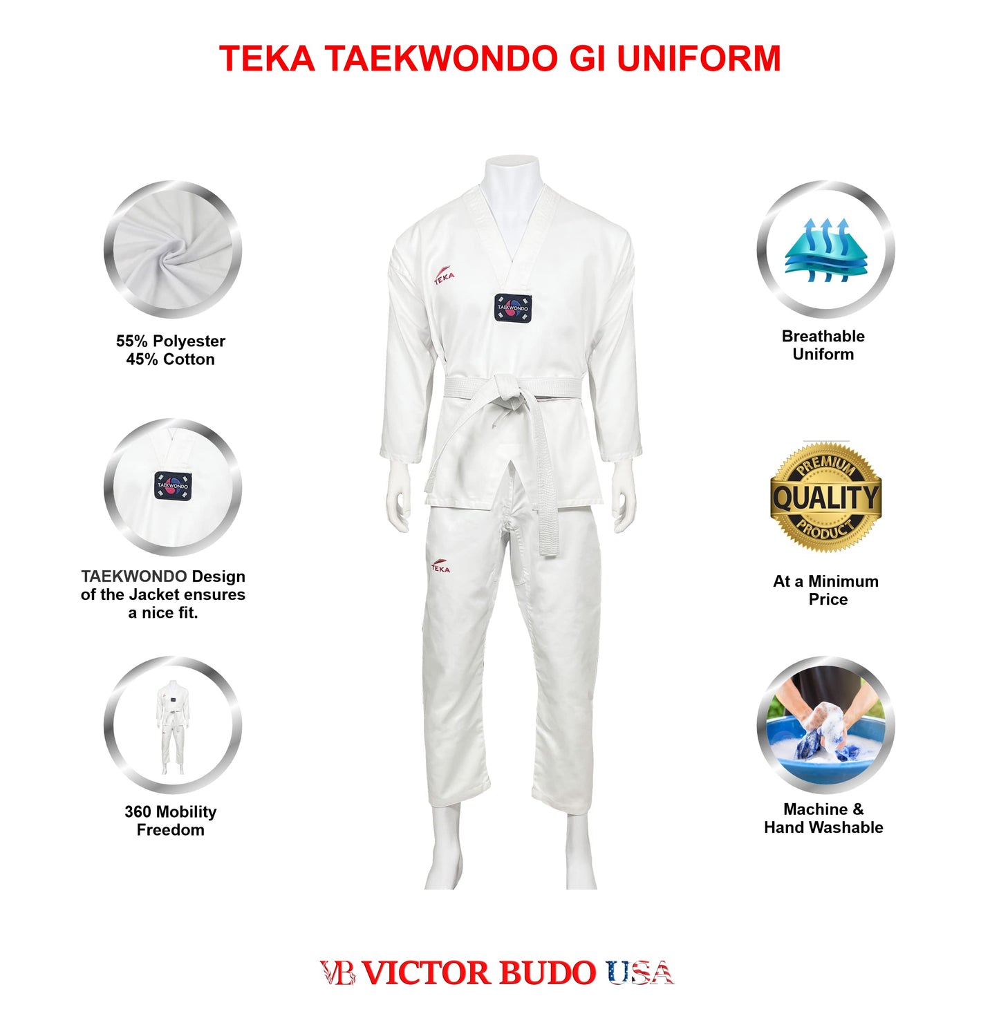 Victorbudo USA Teka Taekwondo Uniform with Free Belt 8-oz Lightweight Martial Arts Training Competition Uniform Gi Size 00-6 (US, Numeric, 1, Regular, Regular)
