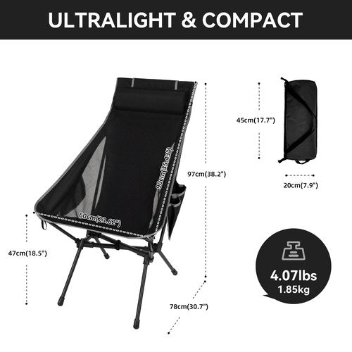 Hikero High Back Camping Chair for Adults, Folding Chair Supports 440 lbs, Lightweight Portable Backpacking Chair with Adjustable Pillow for Hiking & Camping (Black)