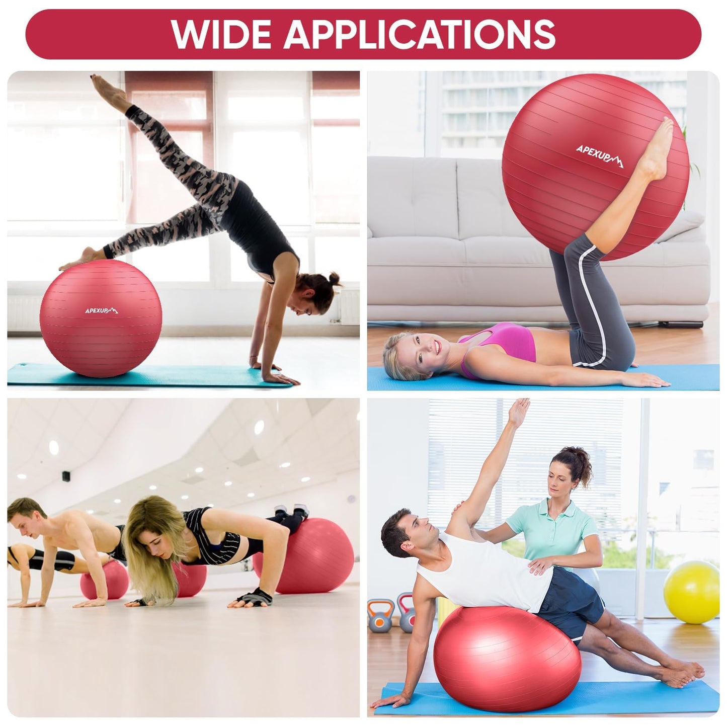APEXUP Yoga Ball, 660 lbs Anti-Burst Exercise Ball with Pump, 5 Sizes