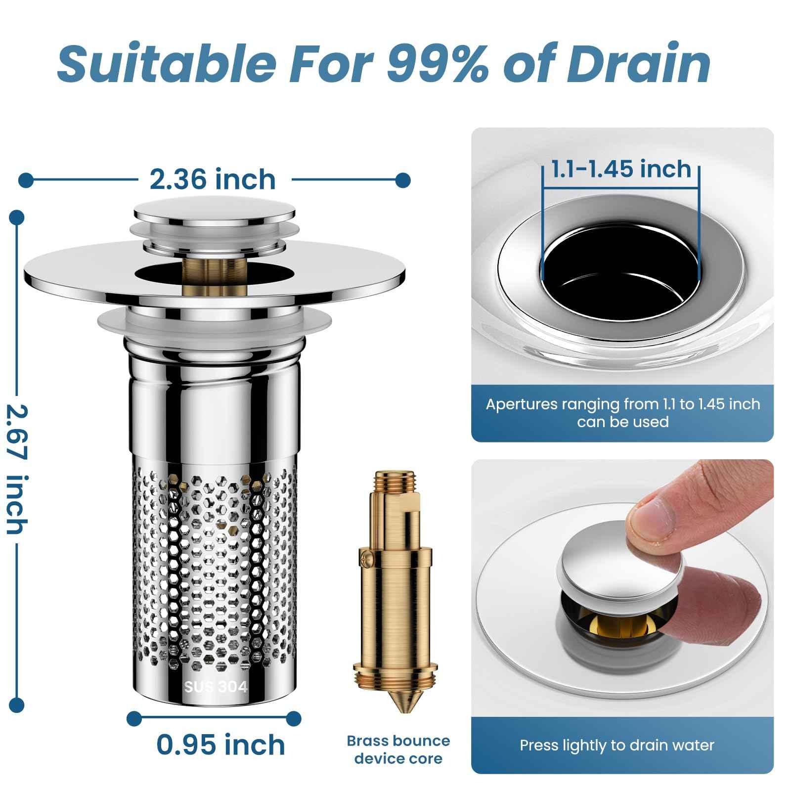 Bathroom Sink Stopper 1.1"-1.45", Universal Bathroom Sink Drain Pop Up Stopper for US Bathroom Sink Stainless Steel Floor Drain Filter, U.S. Standard Universal Drain Filter