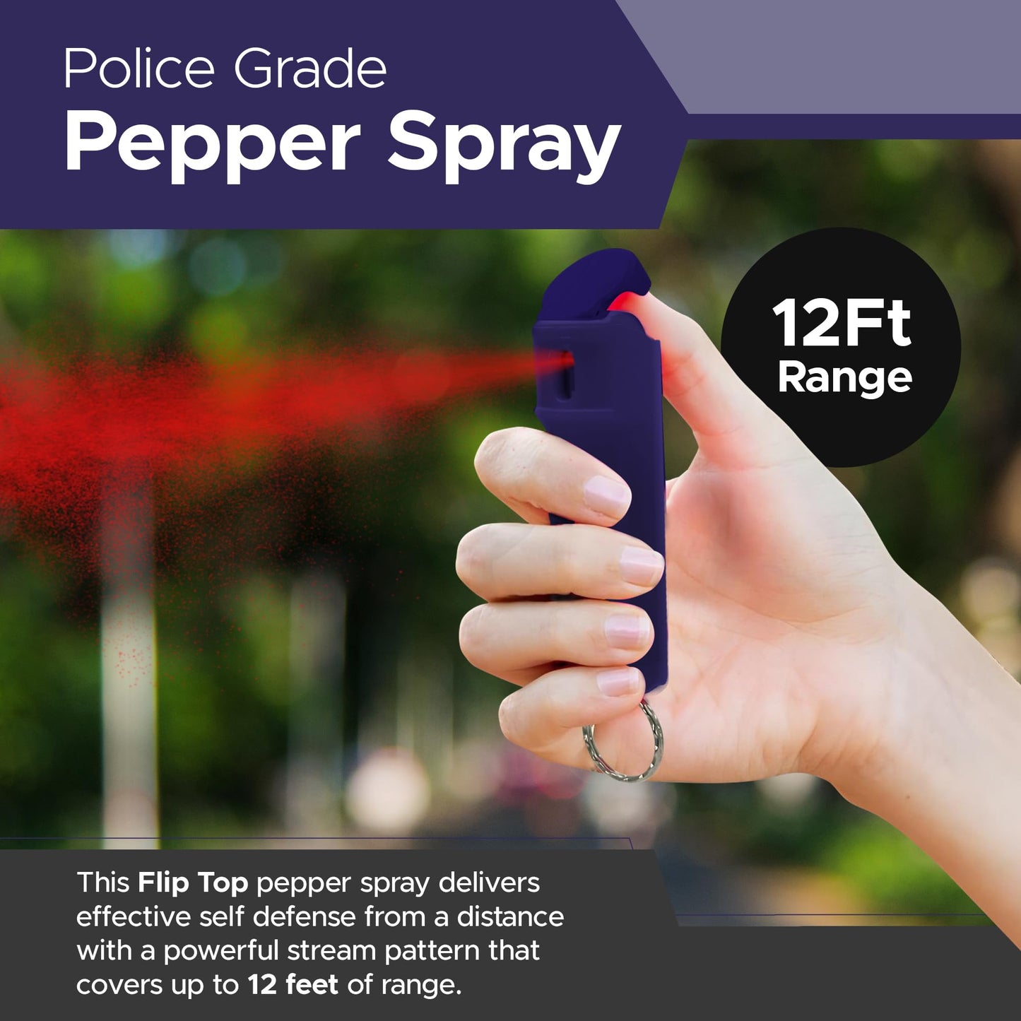 FURY Fliptop Hardshell Pepper Spray, 12ft Range, UV Dye Identifier, Police Strength, Made in USA, Stylish Multicolor, Self Defense, Safety Gear, Quick Access Flip Top (Purple)