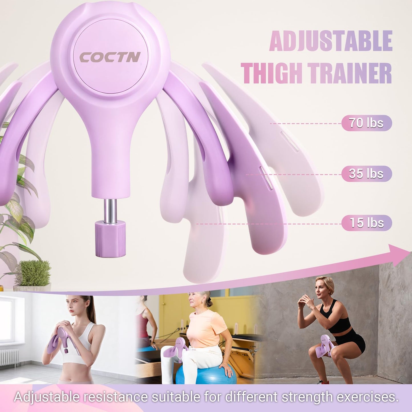 Thigh Trainer for Women, 15-70LB Adjustable Resistance Inner Thigh Exerciser for Pelvic Floor Muscle Repair, Thigh Workout Kegel Exercise Equipment for Shaping, Yoga & Weight Loss at Home Gym -Purple