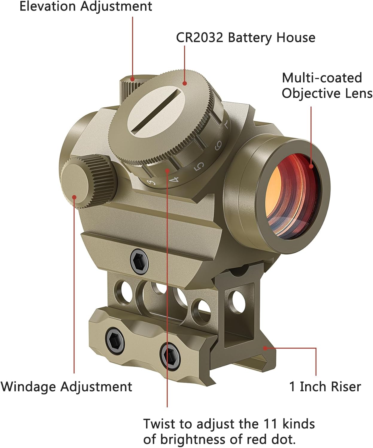 MidTen 2MOA Red Dot Sight - 1x25mm Waterproof & Shockproof Reflex Scope with 1-Inch Riser Mount