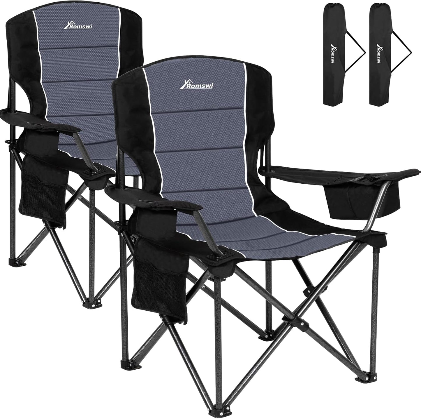 Romswi Oversized Camping Chairs - Heavy Duty 500 LBS Support | Padded Back & Armrest, Black, 2-Pack