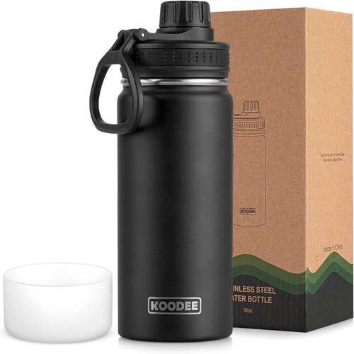 Koodee Insulated Water Bottle - 18 oz Stainless Steel Double Wall Vacuum with Leakproof Spout Lid | Black