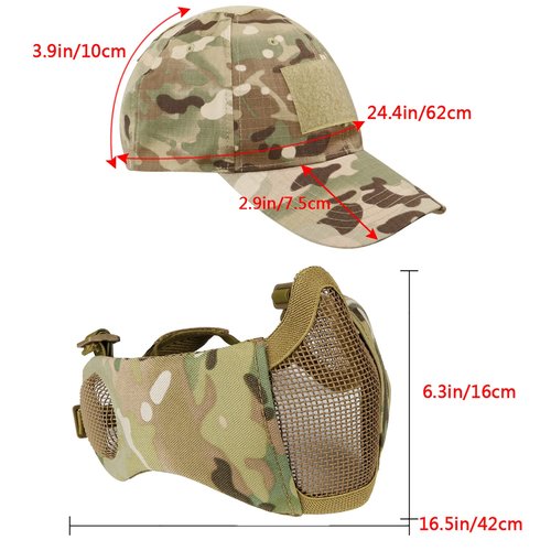 Aoutacc Half Face Airsoft Mesh Mask and Cap Set,Foldable Mesh Mask with Ear Protection for Airsoft Paintball BB Gun with Adjustable Baseball Cap (MC02)