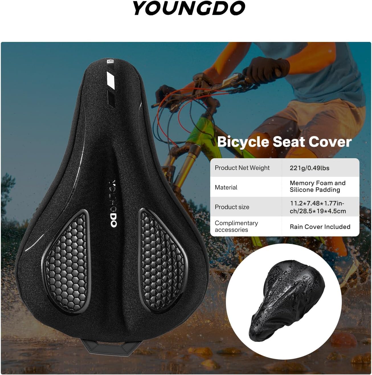 YOUNGDO Gel Bike Seat Cushion - Waterproof Cover & Shock Absorbing Pad for Peloton, BMX, MTB & Road