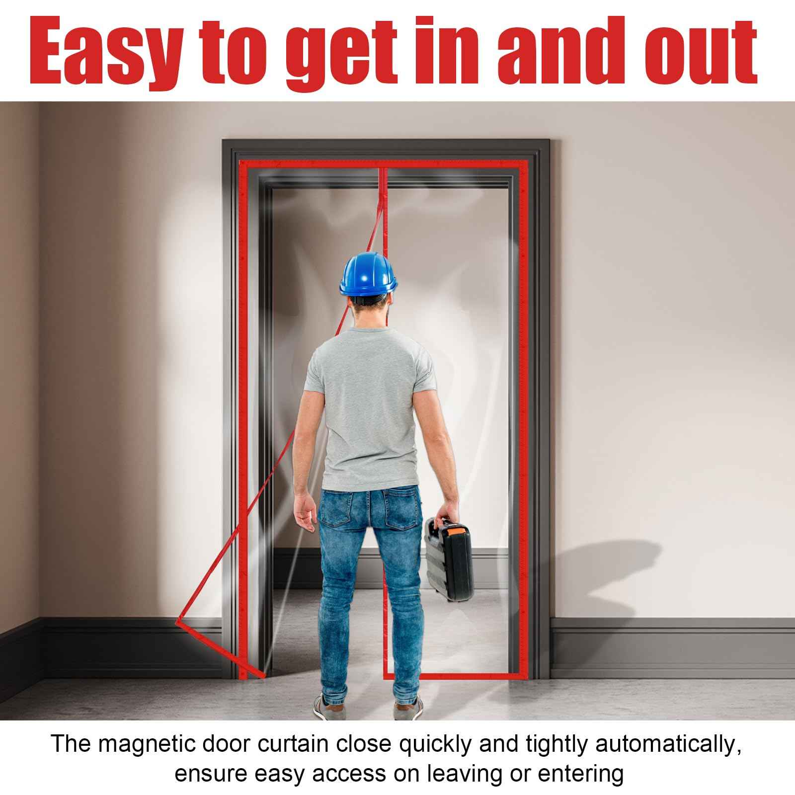 Preboun 1 Set Magnetic Dust Barrier Zipper Door Kit 4' x 7.5' Construction Barriers Dust Door Plastic Doorway for Construction Self Closing Curtain for Doorways Room (Red)