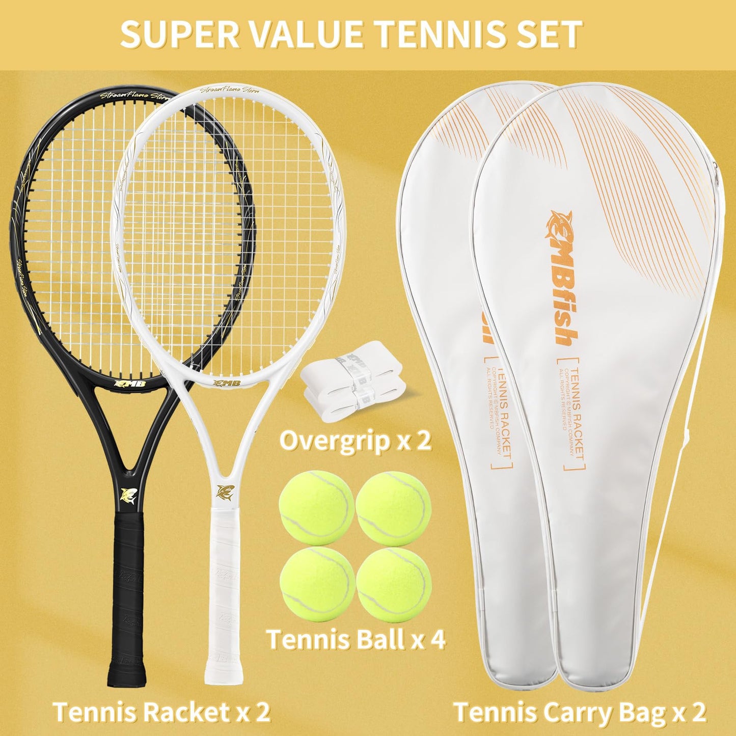 MBFISH Tennis Racket - Super Value Set with Pre-Strung, Comfortable Handle, 27'' Tennis Racquet for Adults, Includes 4 Tennis Balls, 2 Overgrips and 2 Tennis Bag (White Black)