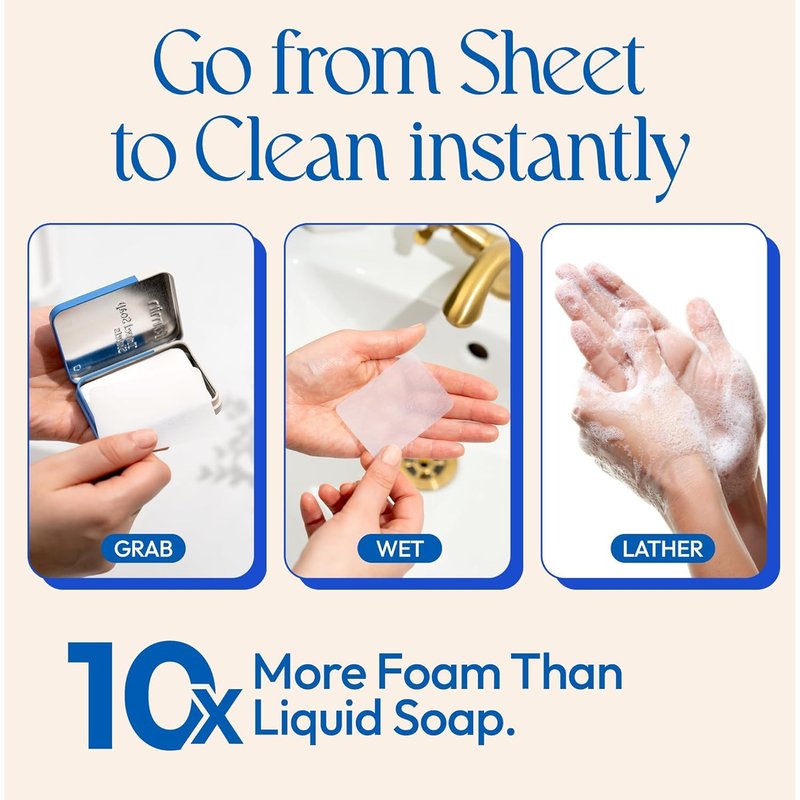 FOMIN - Antibacterial Paper Soap Sheets for Traveling - 300 Unscented Portable Hand Soap Sheets for Travel in Tin - Dissolvable Mini Portable Travel Soap Sheet for Hand Washing, Camping and Hiking