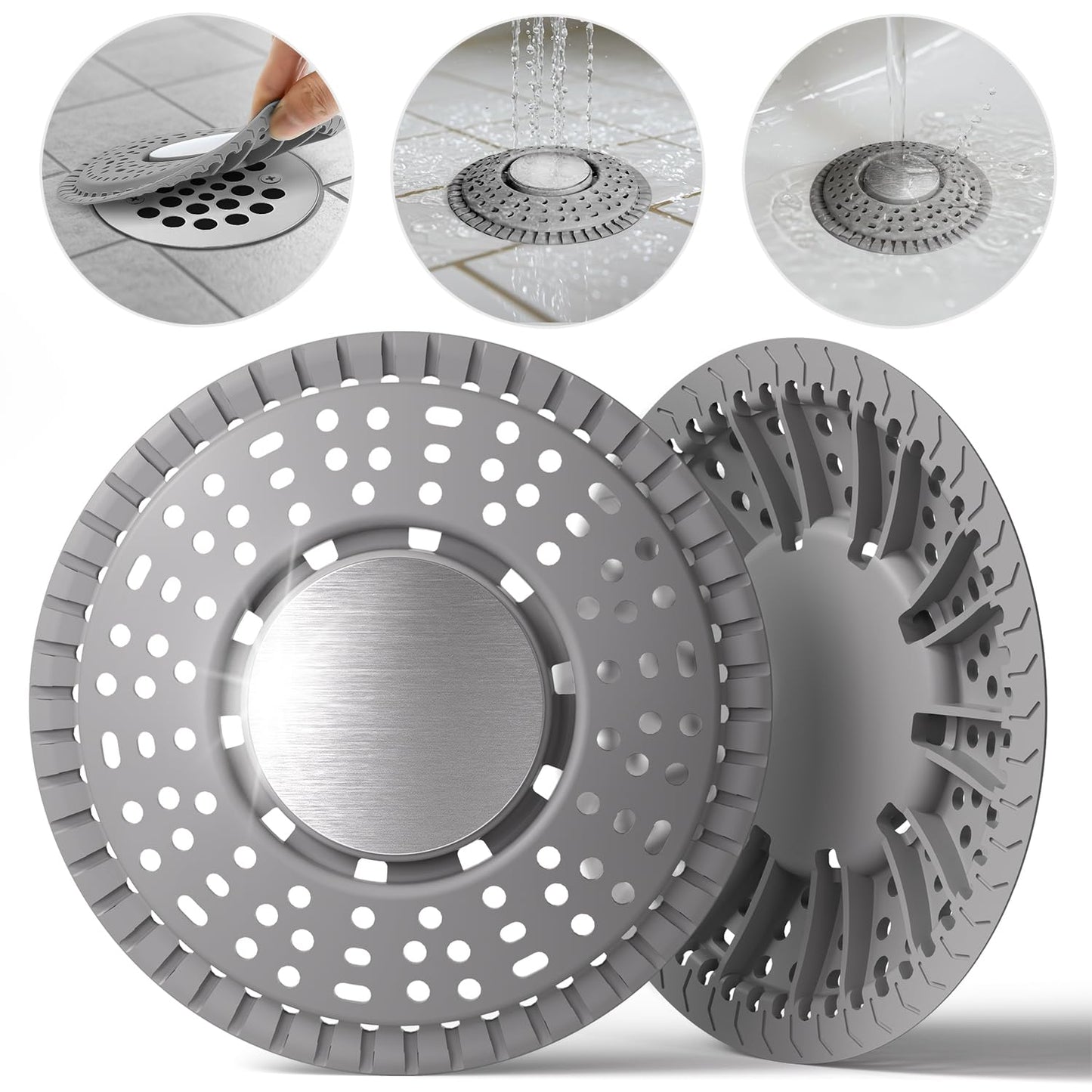 Nipoko Shower Drain Hair Catcher, Upgraded 2Pack Premium Silicone Drain Protector & Shower Drain Cover for Regular Floor Drains of Shower Room, Bathroom, 304 Stainless Steel, Gray
