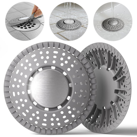 Nipoko Shower Drain Hair Catcher, Upgraded 2Pack Premium Silicone Drain Protector & Shower Drain Cover for Regular Floor Drains of Shower Room, Bathroom, 304 Stainless Steel, Gray