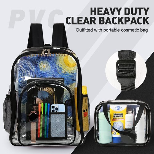 forstree 2 Pieces Heavy Duty Clear Backpack, Black PVC Waterproof Transparent Bag With Cosmetic Bag, See Through Book Bag With Lunch Bag