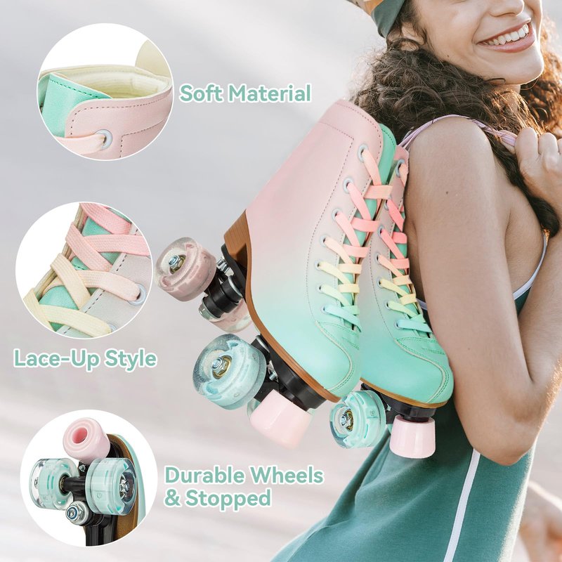 Tmore Quad Roller Skates for Women and Girls, Double-Row Light Up Roller Skate for Indoor Outdoor High Top PU Leather Kids Roller Skates Four-Wheel Adjustable Skates (Green Pink,34)