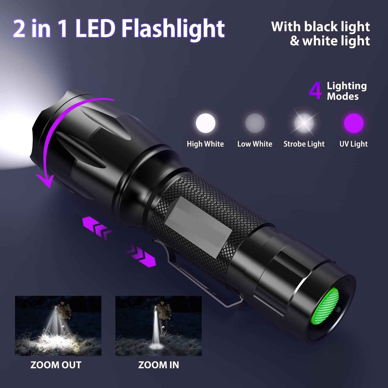 MOWETOO UV Flashlight, Portable Blacklight Flashlight, LED Torch with White and Ultraviolet Light Combo, Black Light Pet Urine Detector for Dog Cat Pee, ID Check, AC Leak, Bed Bug, Rocks, Resin
