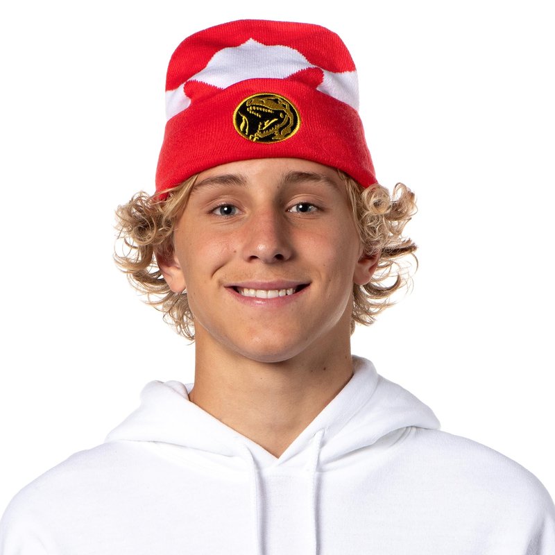 Red Ranger Beanie Mighty Morphin Power Ranger Embroidered Dino Coin Knit Cuff Adult Beanie Winter Cap OSFM for Men Women