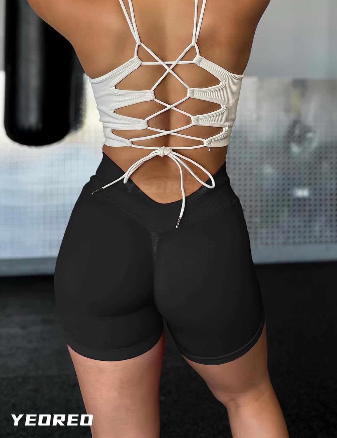 YEOREO High Waisted Scrunch Shorts for Women - V Back Gym Butt Lifting Seamless Design