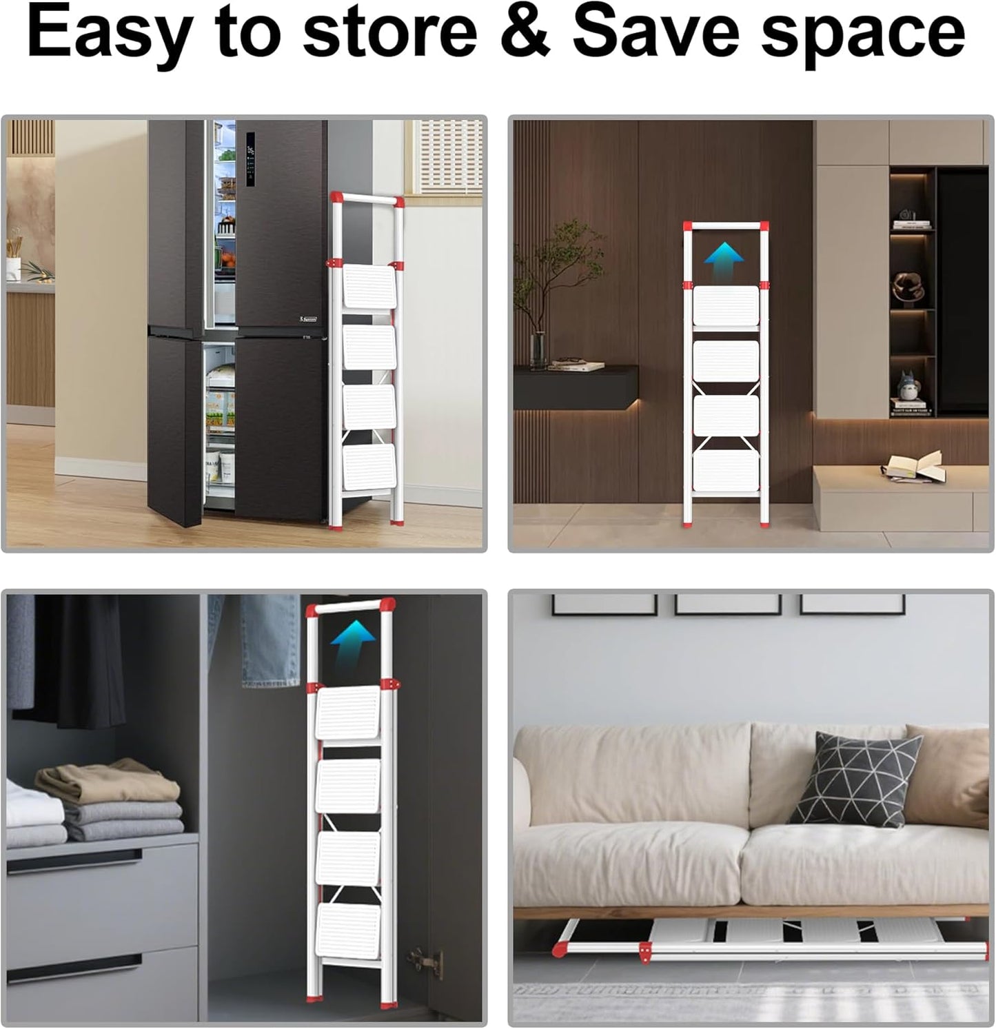 DIAMONDFORGE 4-Step Folding Ladder - Sturdy Steel Construction, Anti-Slip Pedals & Feet, Handgrip - Home Use, White & Red