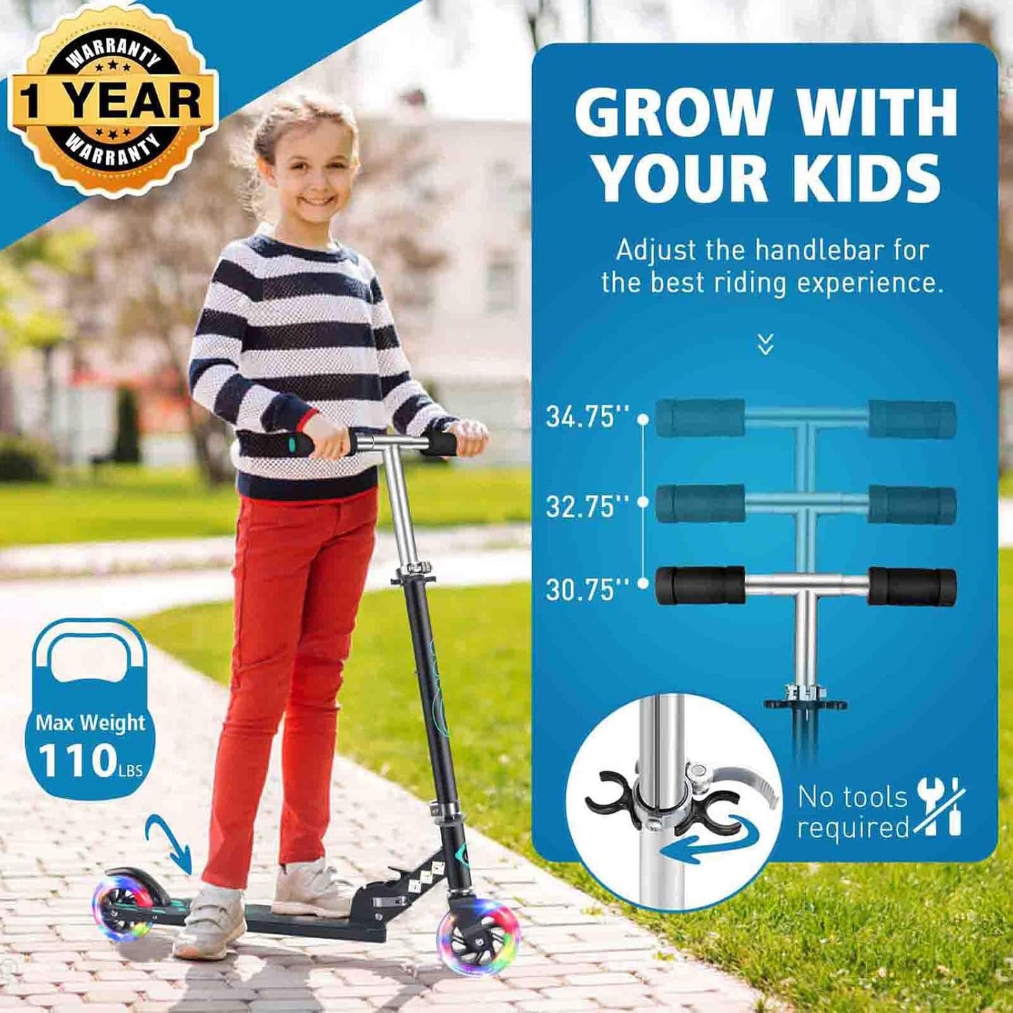 BELEEV V1 Kick Scooter for Kids - 2 Wheel Folding Design with Adjustable Height & Light Up Wheels | Ages 3-12