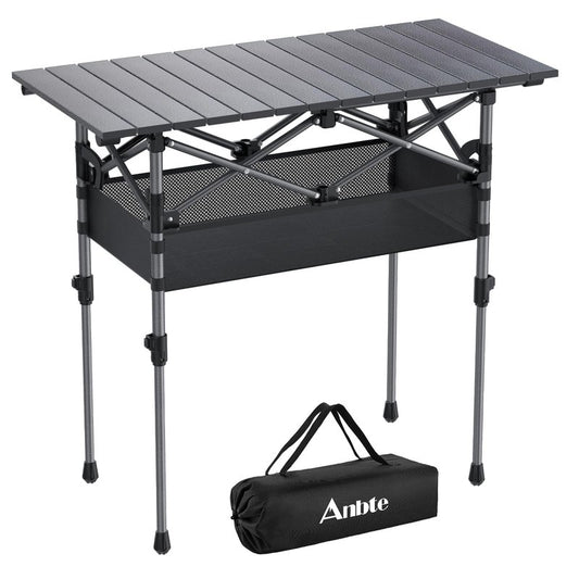 Anbte 3ft Aluminum Roll Top Camping Table, 2 Adjustable Height Camping Table Folding with Storage Net & Bag Lightweight Roll Up Table for Tailgate Outdoor Backyard BBQ Patio Picnic, 32.2” X 16”, Black