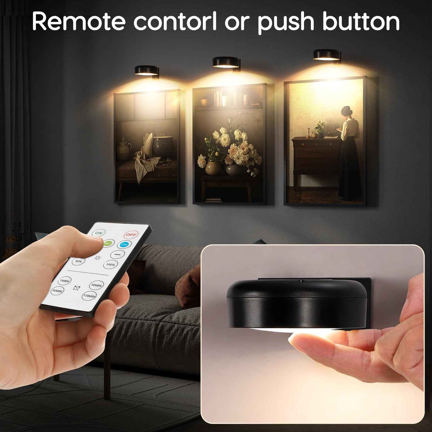 Picture Light for Wall Display Rechargeable with Remote, Wireless Painting light 3PACK, Brightness Dimmable with 3 Color Temp, Art Display Accent Lighting, Timmer Auto-OFF for Frame Gallery Portrait