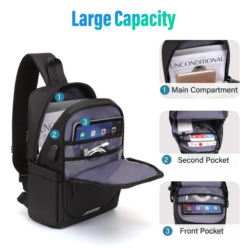 MOSISO Sling Backpack Travel Hiking Daypack,Large Crossbody Sling Bag with USB Charging Port for Men Women 3 Layer Pockets One Shoulder Bag for Outdoor Sports Casual Commuting, Black