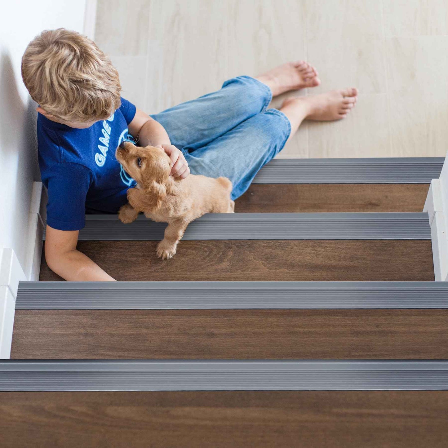 Trimold Vinyl Anti-Slip Stair Nosing, Self Adhesive Non-Slip Staircase Step, Flexible Rubber Treads Edge Protector Molding Trim for Outdoor & Indoor Uses (16.4ft, Gray)