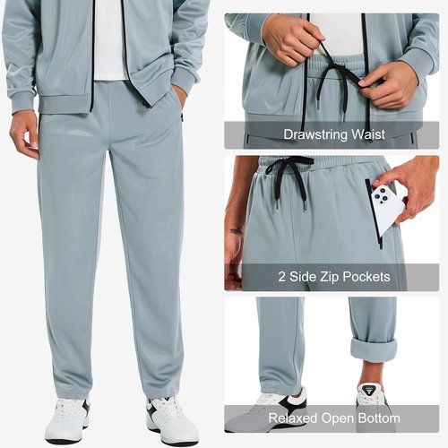 HODOSPORTS Mens Tracksuits 2 Piece Full Zip Jogging Running Suits SweatSuits for Men Shiny Sport Track Suits Sets Light Gray L