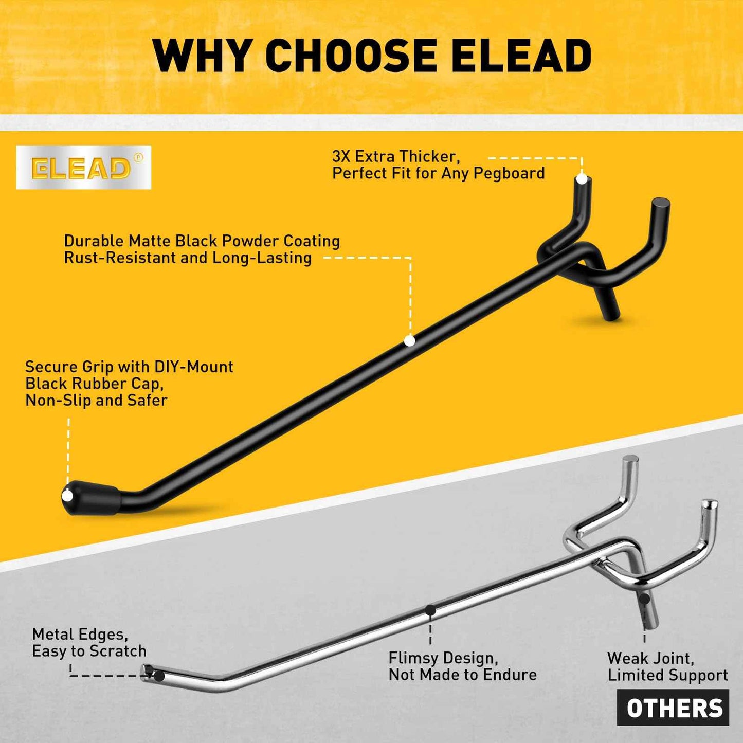 ELEAD 60-Piece 6 Inch Extra Thick Pegboard Hooks, Heavy Duty Peg Board Organizer Accessories, Peg Board Tool Hangers Fit for 1/4" Pegboard Hanging Tools Garage, Workshop, and Craft Storage