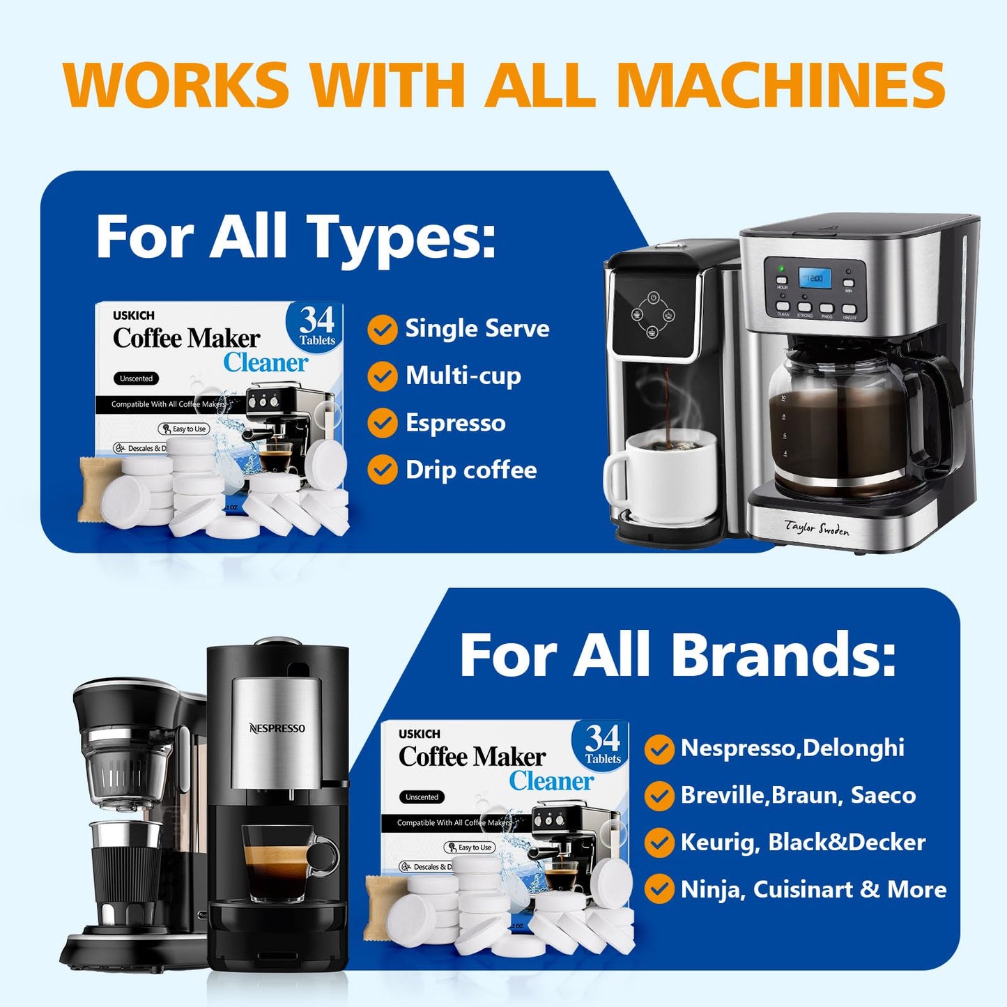 Coffee Machine Cleaner Descaler Tablets 34 Pack, Coffee Maker Cleaner for Keurig, Ninja, Breville, Delonghi, Nespresso, Miele,Espresso Machine Cleaning Tabs,Descaling Solution for Coffee Pot Maker