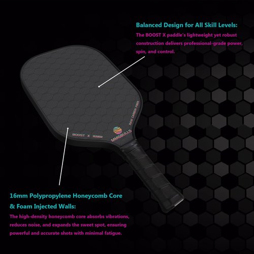 MMGBULLS Boost X Pickleball Paddle, Raw Carbon Fiber, 16mm Honeycomb Core, Foam Injected Walls, Ergonomic Comfort Grip for Durable & Lightweight