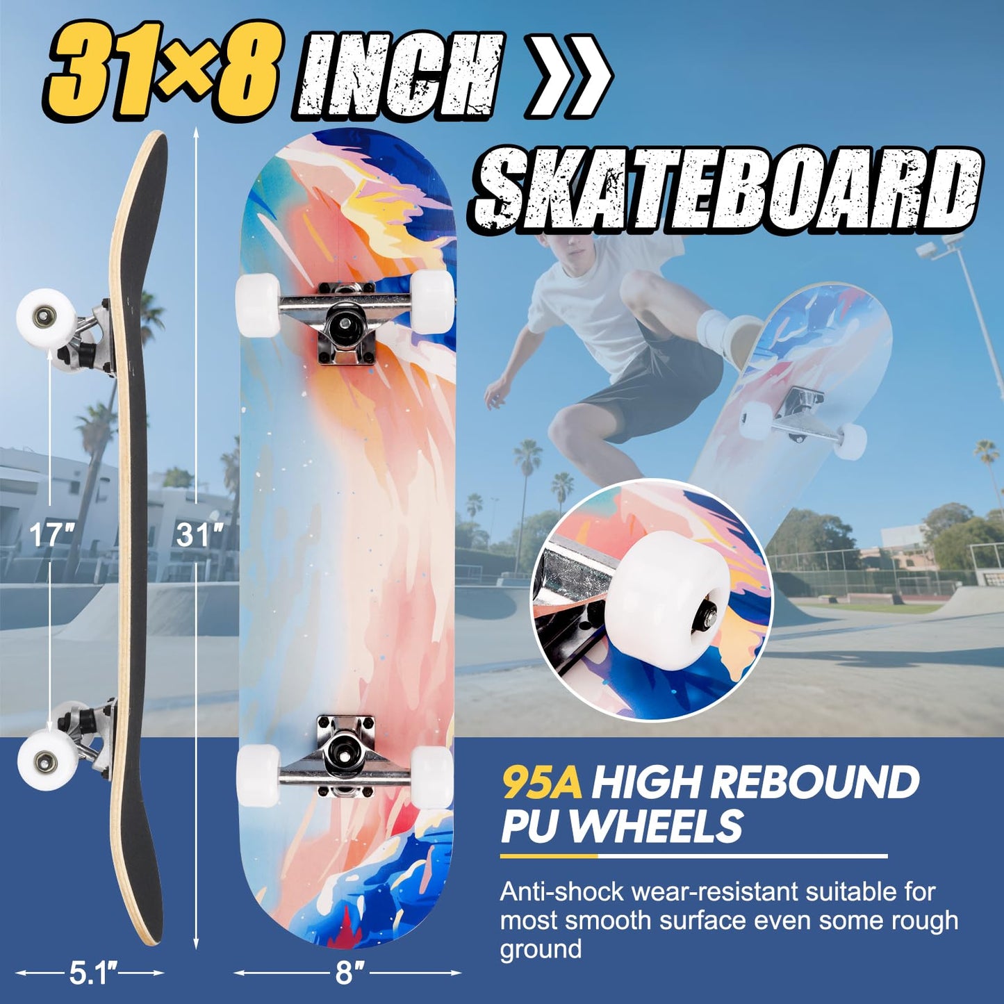 CAPARK Skateboards for Beginners Adults Youths Teens Kids Girls Boys 31 Inch Pro Complete Skate Boards 7 Layer Canadian Maple Double Kick Concave Longboards (Ocean)