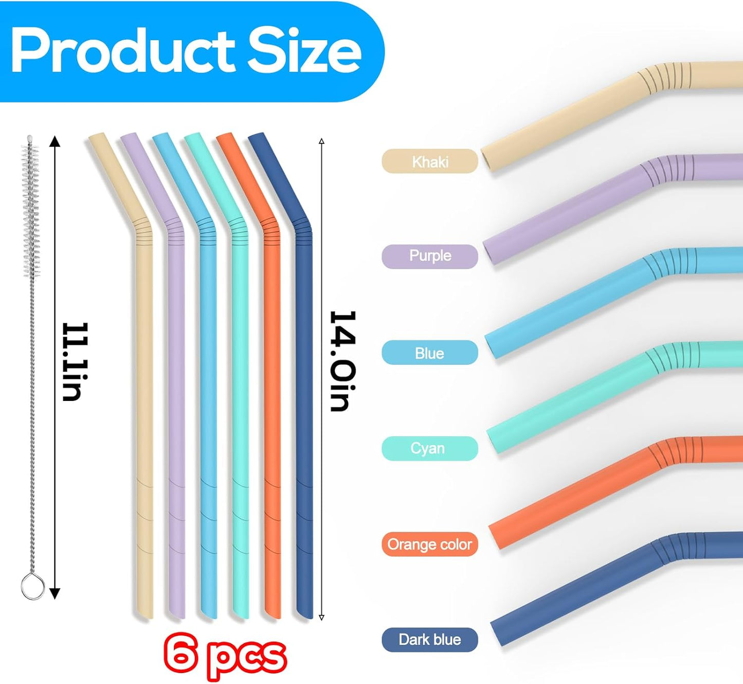 XANGNIER Extra Long Silicone Replacement Straws - 14” Pastel Color for Stanley 40 oz Cup | 6 Pack with Cleaning Brush