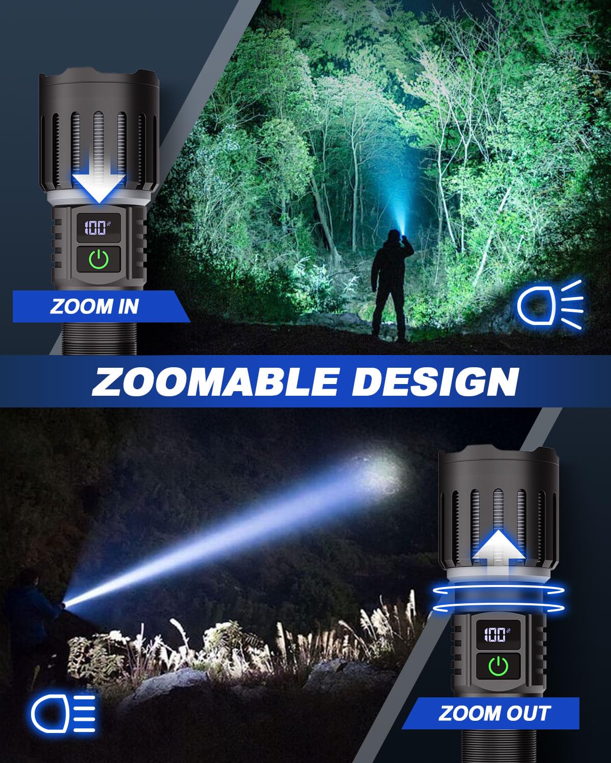 Victoper Rechargeable Flashlight, Titanium 5 Modes Zoomable Flash Light, Bright Real 1500 High Lumens Flashlights, LED Power Display Tactical Flash Lights Holster for Camping Essential Men
