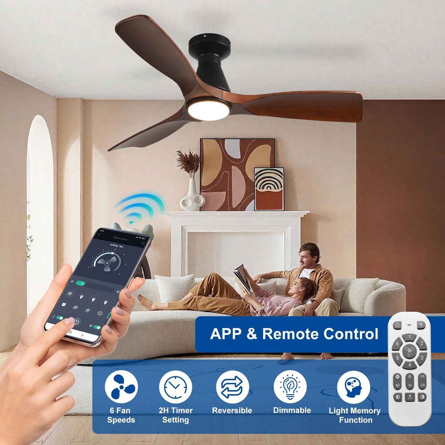 DLLT 42-Inch Ceiling Fans with Lights: Flush Mount Ceiling Fan 3 Blades for Indoor Outdoor - Dimmable Ceiling Fan with Remote APP Control Noiseless DC Motor for Low Profile Bedroom
