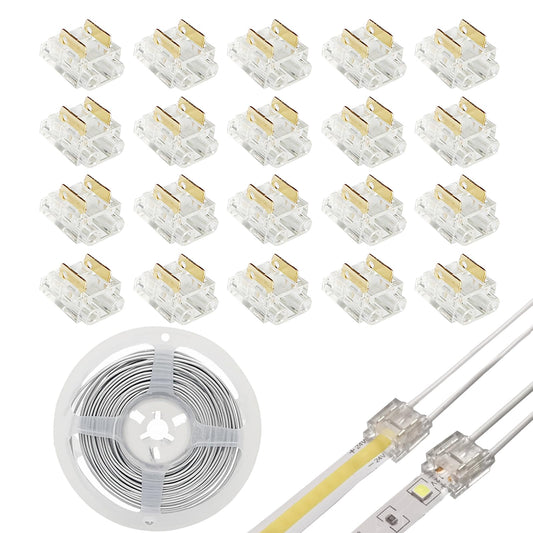 Hosyl Solderless COB LED Strip Light Connectors 20PCS+16.4ft 20AWG Extension Wire, 8mm 2-Pin DIY COB LED Strip to Wire Connectors Kit for Under Cabinet, Bedroom, Garage Lighting and DIY Projects