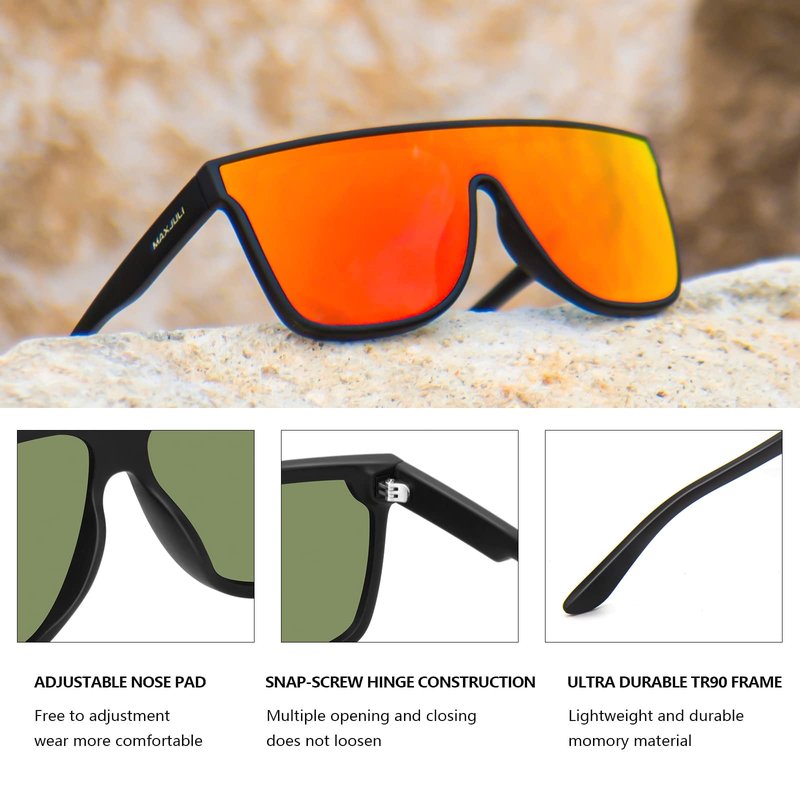 MAXJULI Polarized Sunglasses for Men and Women,UV400 Protection Sun Glasses with Flat Top Lens,Ideal for Driving Golf (Matte Black/Red)