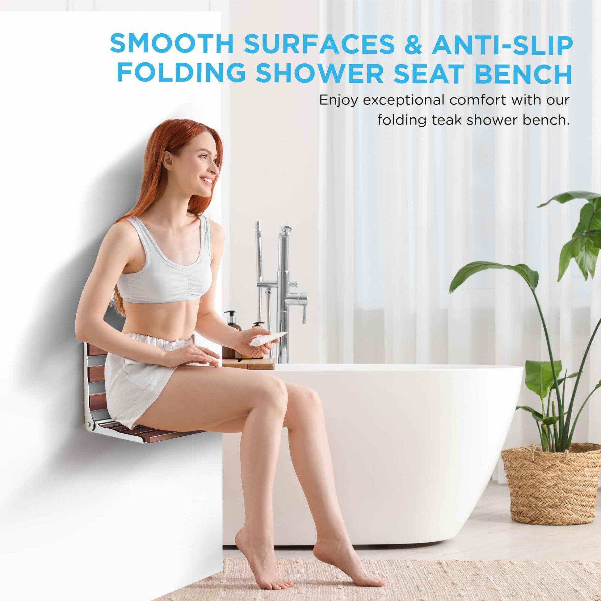 Kfpmx Folding Shower Seat Wall Mounted Teak Bench – Fold Down Bath Safety Seat with 304 Stainless Steel Frame, ADA Compliant Shower Chair for Elderly, Seniors, Disabled, 500 lb Capacity, 17.7" x 12.5"