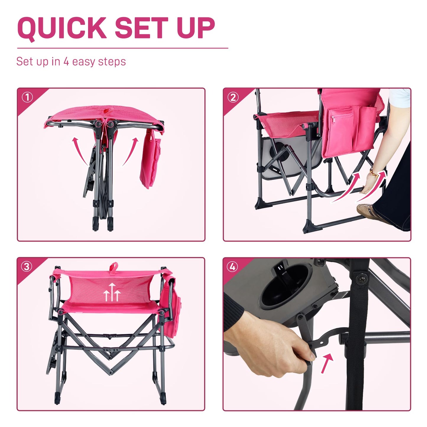 EVER ADVANCED Camping Directors' Chair with Side Table, Portable Folding with Compact Size, Breathable & Quick Dry Design Heavy Duty Lawn Chair with Pocket, 400lbs, Textilene Mesh, Pink